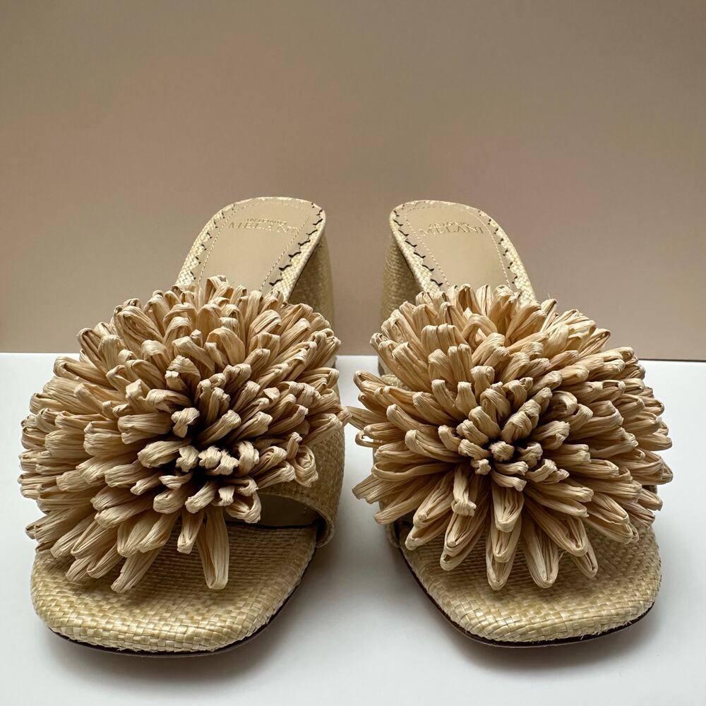Antonio Melani Size 7.5 Beige Glora Flower Ornament Block Heel Slide Sandals